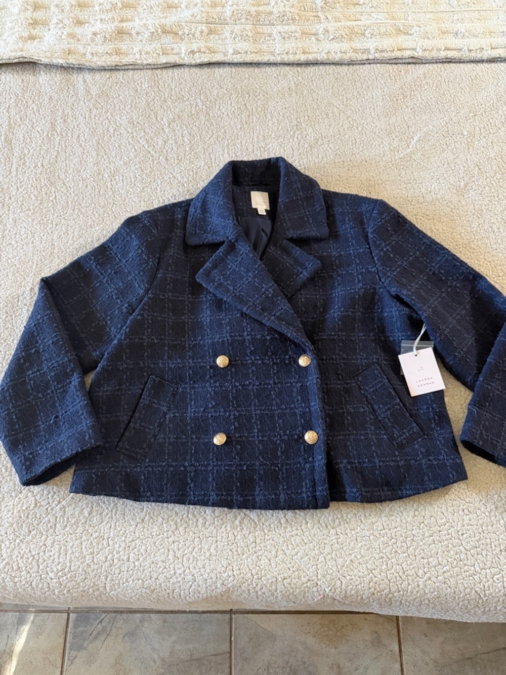 LC Lauren Conrad Navy Tweed Double-Breasted Peacoat with Gold Buttons XL New